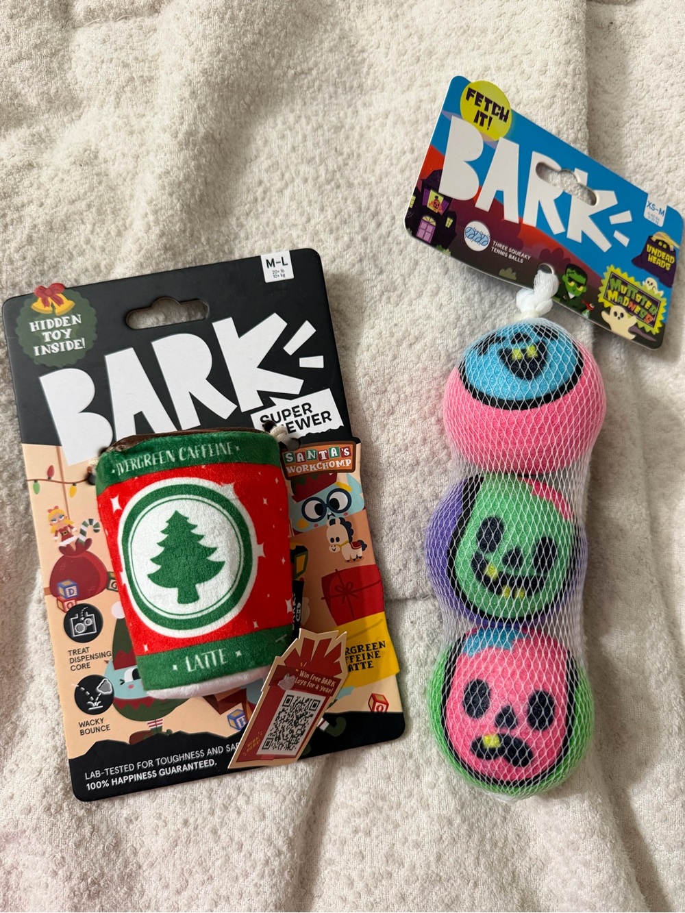 Bark Super Chewer Holiday Latte Plush Toy and tennis ball bundle set